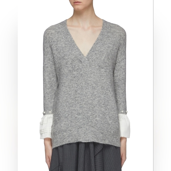 New 3.1 Phillip Lim Wool Alpaca Faux Pearls Cuff Ruffle Sweater XS Women Gray